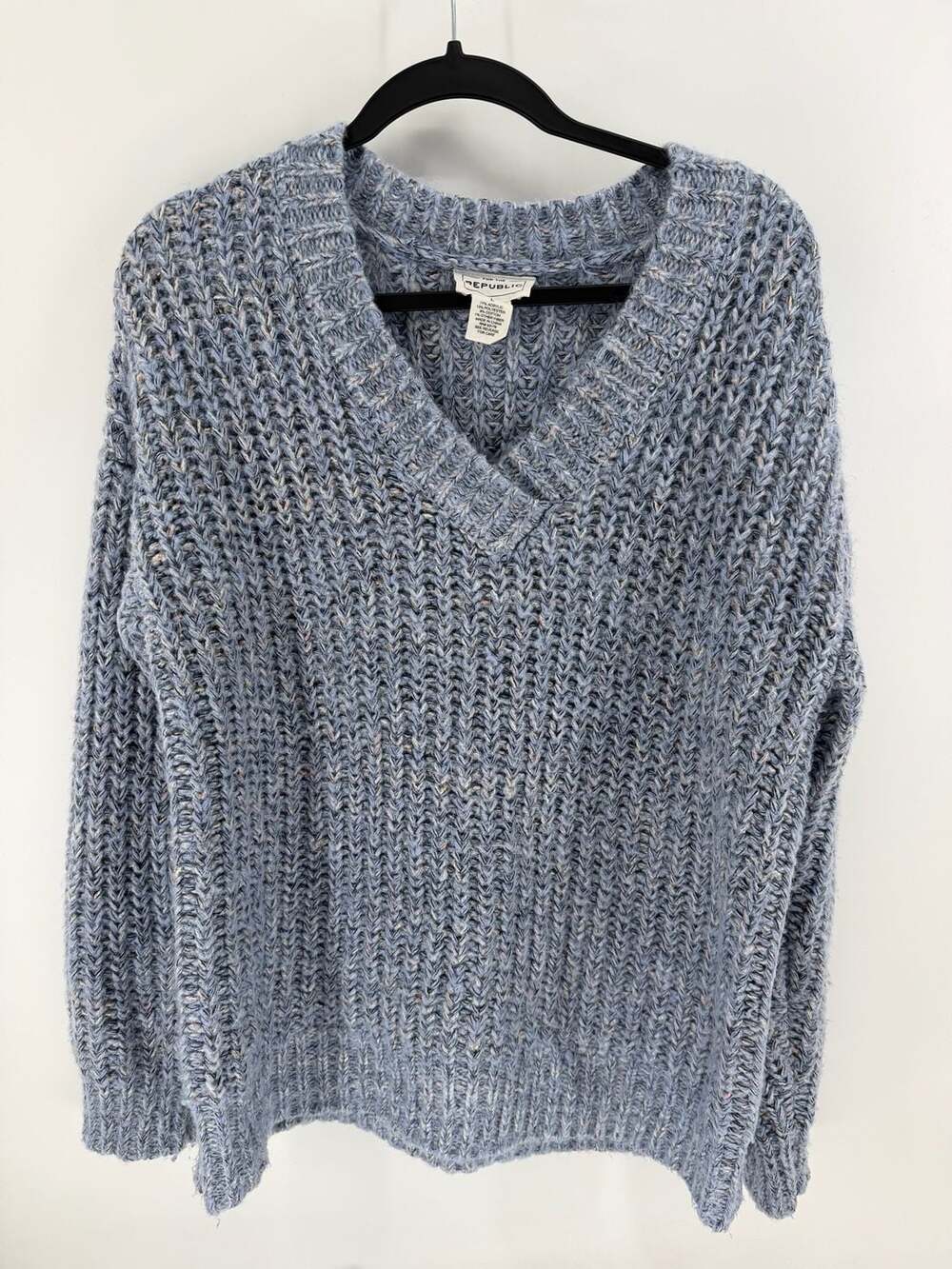 For The Republic Blue Chunky Knit V-Neck Sweater Size L Oversized Cozy